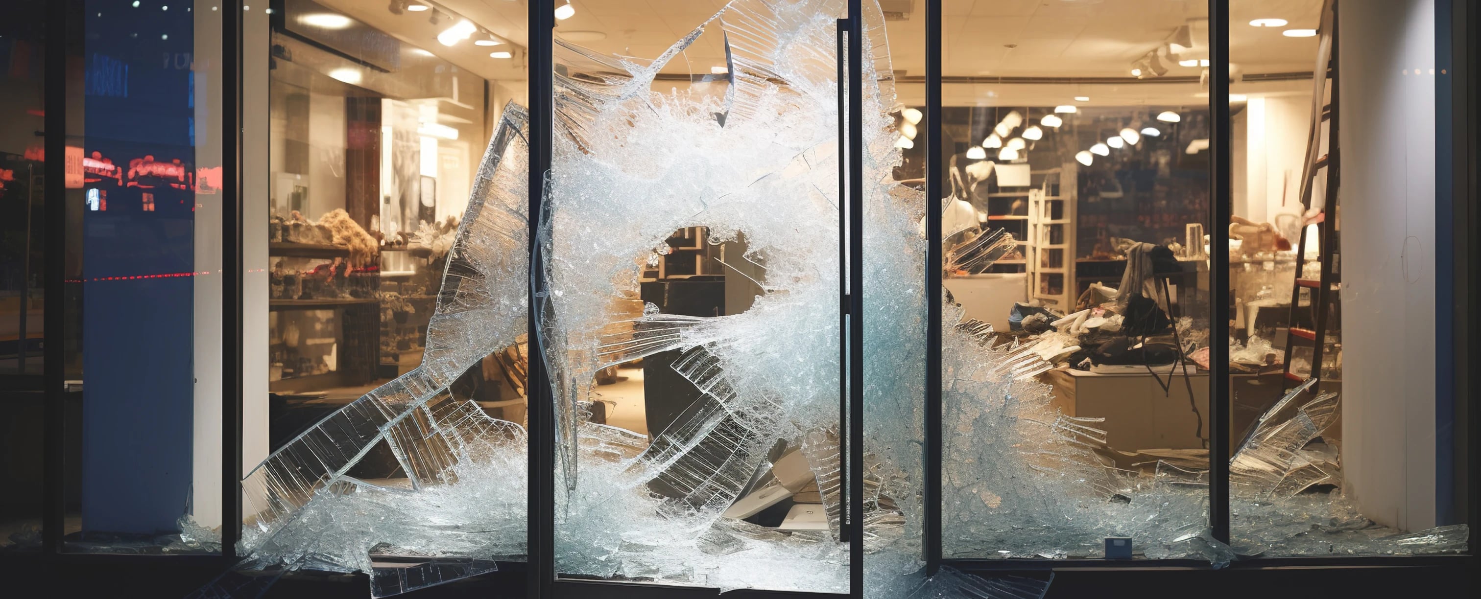 Eingebrochenes Schaufenster eines Unternehmens – Schutz durch Einbruchmeldeanlage von DESK Sicherheitstechnik