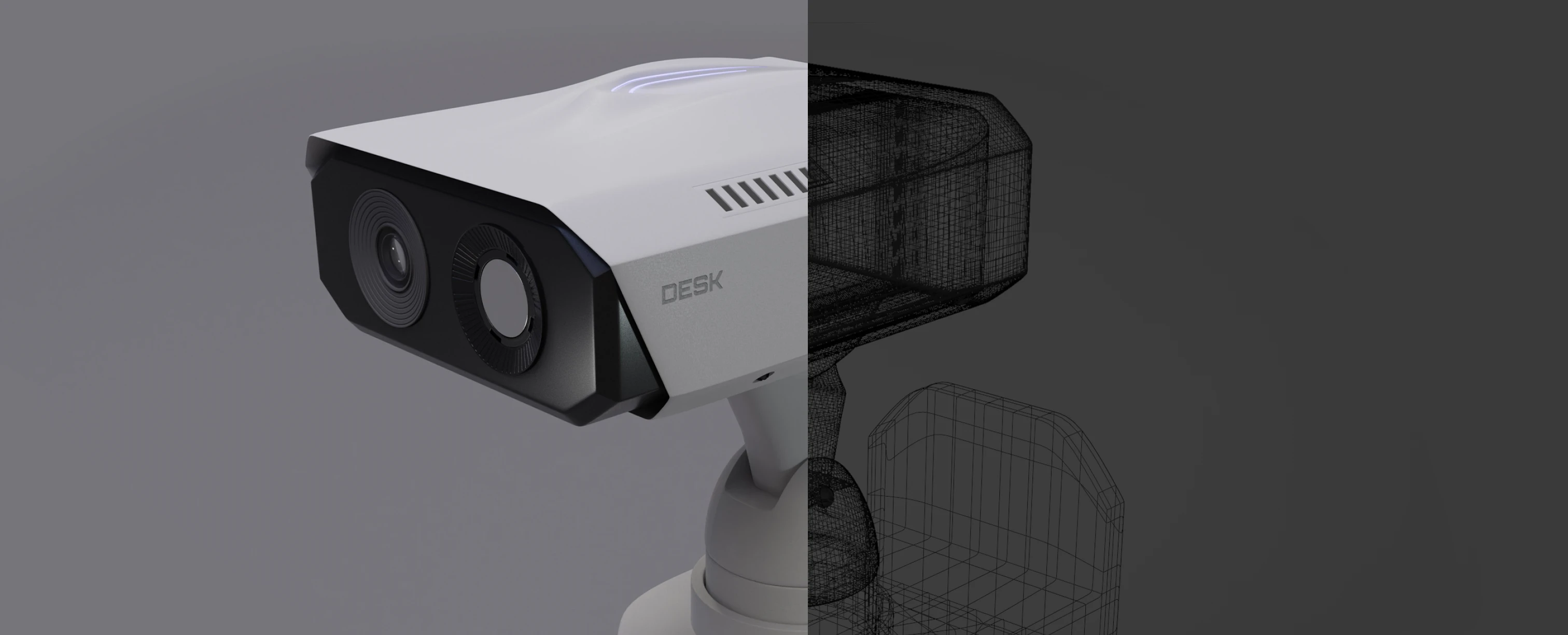 Sicherheitstechnik Videoüberwachung Prototypen: Kamera als reales und CAD-Wireframe-Modell