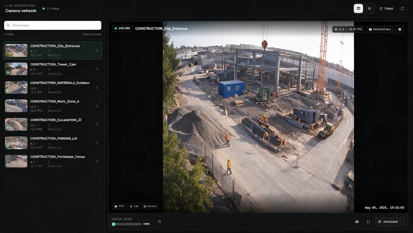 DESK AI Control Suite mit Kameranetzwerk und Livebild einer Baustelle