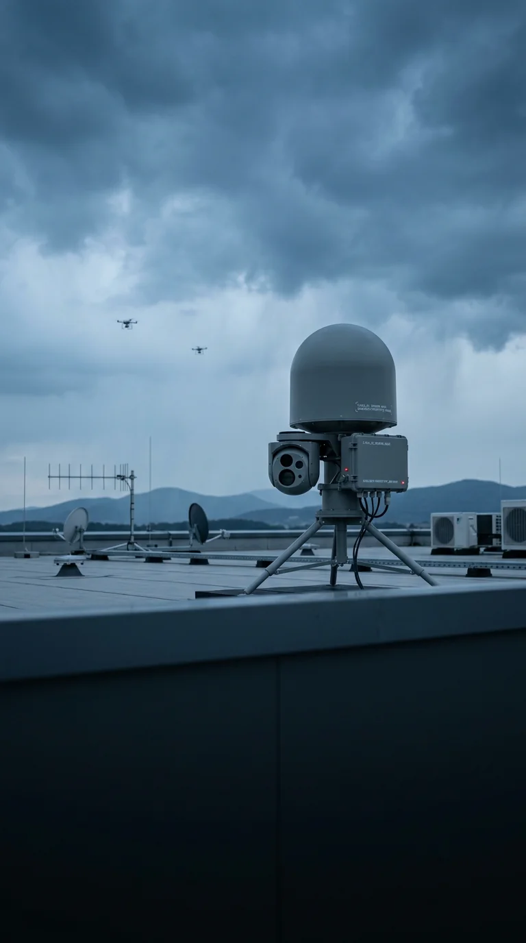 KI-generierte Konzeptdarstellung einer stationären Counter-UAS-Sensorik bei Dämmerung