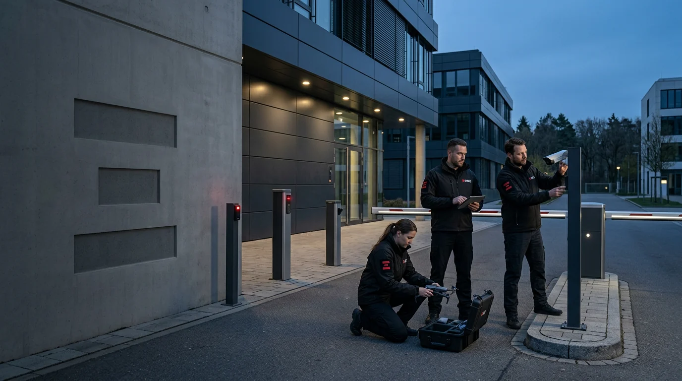 KI-generierte Konzeptdarstellung eines DESK Teams bei der Planung einer Sicherheitslösung