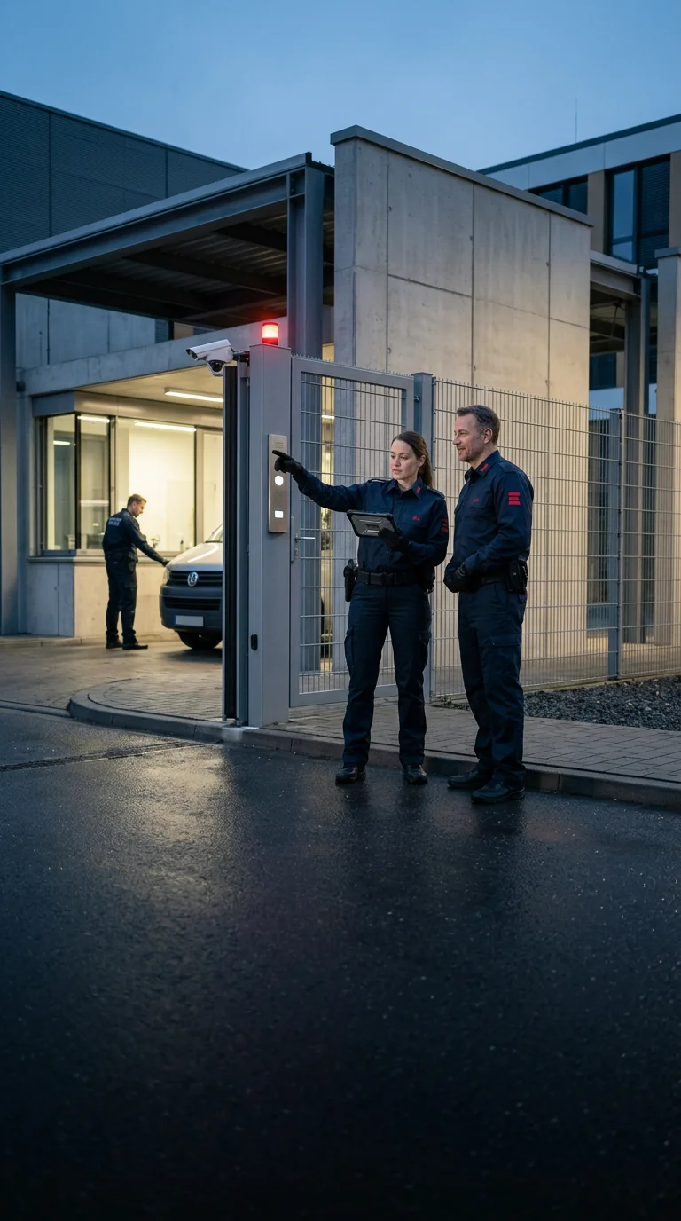 KI-generierte Konzeptdarstellung eines DESK Sicherheitsteams bei einer Standortkontrolle