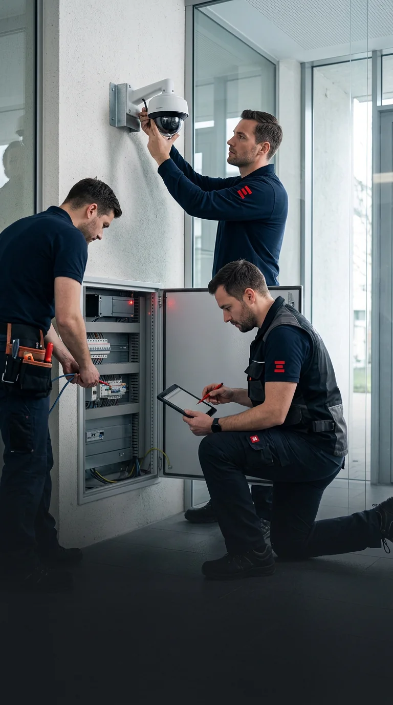 KI-generierte Konzeptdarstellung von Fachkräften bei der Installation moderner Sicherheitstechnik