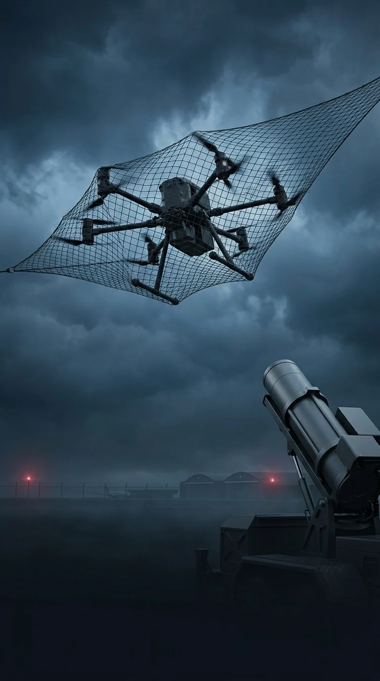 KI-generierte Konzeptdarstellung einer physischen Counter-UAS-Schutzebene