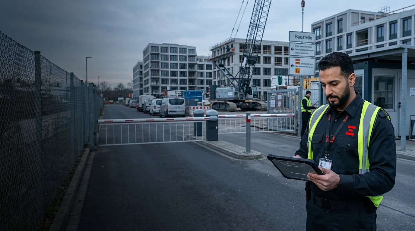 Sicherheitsdienst an einer großflächigen Baustelle