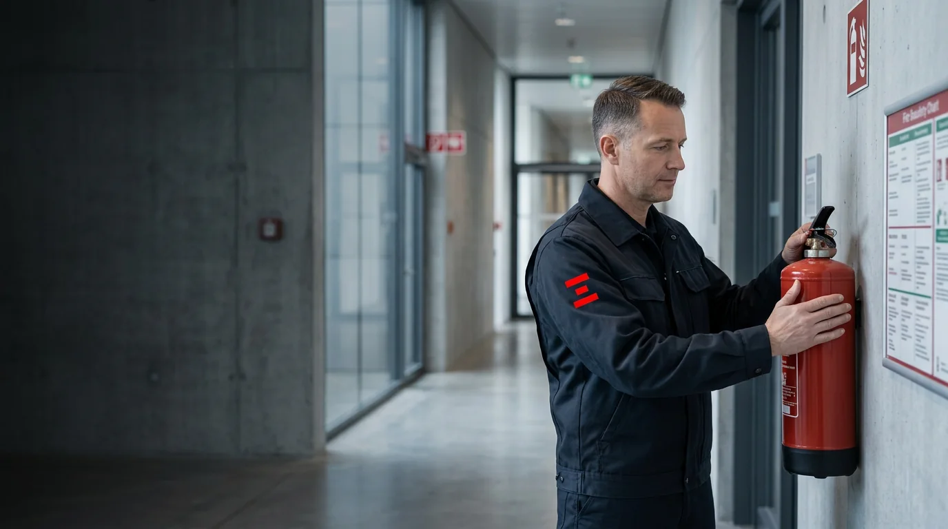 Brandschutzhelfer kontrolliert einen betrieblichen Fluchtweg